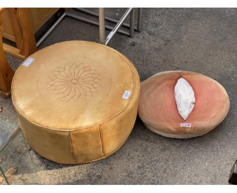 A BALUCHI CUSHION POUFFE AND A 20" DIAMETER LEATHER POUFFE
