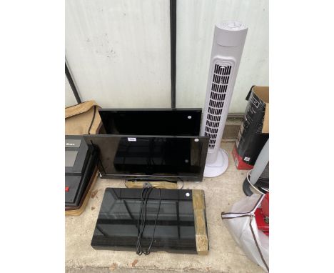 TWO SMALL TELEVISIONS TO INCLUDE A PANASONIC, A SOUNDBAR AND A TOWER FAN