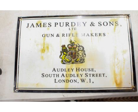 AN ENAMEL SIGN JAMES PURDEY &amp; SONS LONDON - 38 X 25 CM