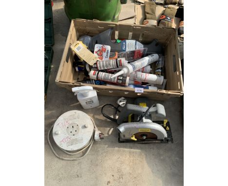 AN ASSORTMENT OF ITEMS TO INCLUDE A CIRCULAR SAW, EXTENSION LEAD AND ADHESIVE ETC
