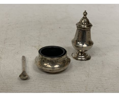 A STERLING SILVER CRUET SET AND SPOON