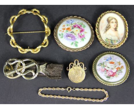 A collection of jewellery to include; a Victorian hair woven bracelet, a portrait miniature of a Georgian lady, two florally 