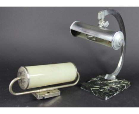 An Art Deco chrome desk lamp, on rectangular marble base; with a chrome and opaque glass wall light, 32cm & 29cm