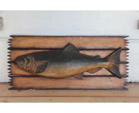 A reclaimed wood king salmon relief plaque, 92cm; with a graduated set of three model birds (4) 
