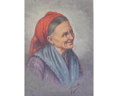 Marontoini,
oil on board,
portrait of a gypsy,
signed,
16cm x 18.5cm
