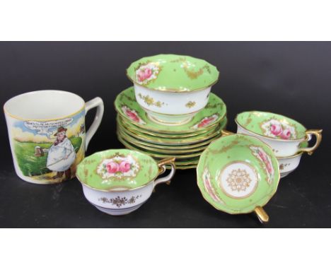 A Copeland Spode part tea set, painted with pink roses and a Yorkshire Tykes Motto mug