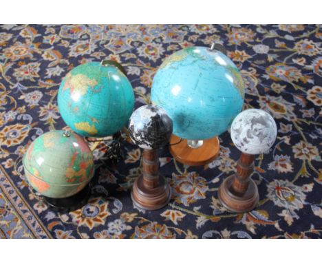 A Danish globe lamp, by Scan-Globe; a German table globe and three others, tallest 42cm (5)