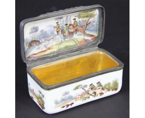 A Meissen porcelain snuff box, 18th century, the cover, base, sides and interior finely enamelled with figures hunting in rur
