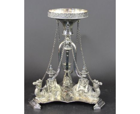 A Victorian silver plated centrepiece, Richard Richardson circa 1890, designed as three camels supporting a central bowl and 