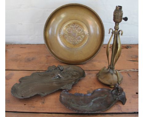 An Art Nouveau style bronze dish, modelled with a water nymph, 35cm; a spelter dish cast with a maiden; a brass pedestal dish