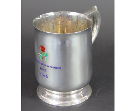 Cricket Interest - a presentation silver and enamel tankard for Lancashire Cricket Champions 1930, embellished with the Lanca