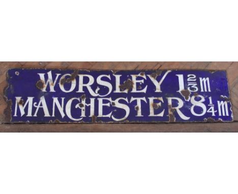 A Cheshire enamel road sign, Worsley 1 2/3 miles and Manchester 8 1/4 miles, 90cm