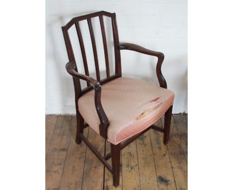 A George III design mahogany dining chair, with open arms; and a turned beech stool, (2)