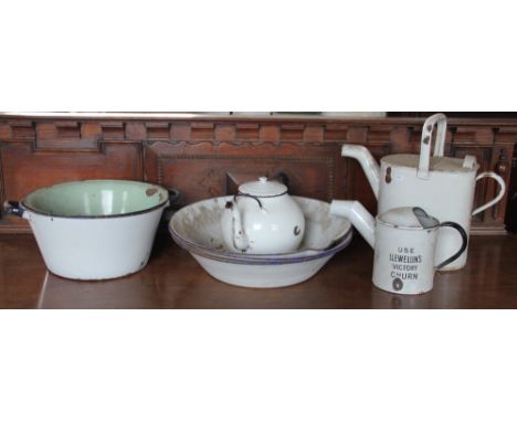 Four enamel dairy pans, a teapot and cover, a country house hot water can, a Llewellyns Victory Curn can, and other items (qt