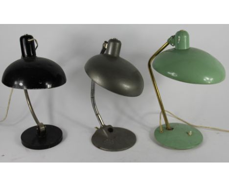Three Kaiser Idell style adjustable desk lamps with original enamel finish, 43cm (un-marked)