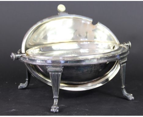 A Daniel and Arter EPNS bacon dish, of typical form and raised on four paw feet, 20.5cm high along with three silver plated e