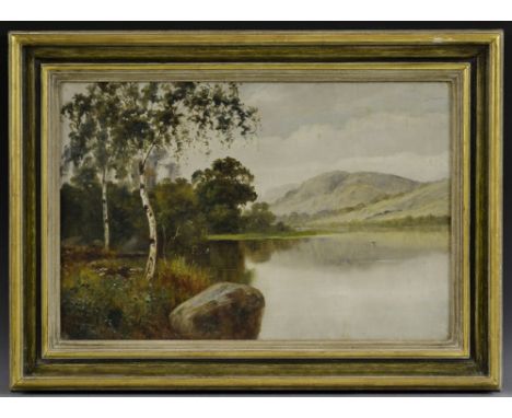 English School (late 19th century)Lakeside with Silver Birchesindistinctly signed, oil on canvas, 39.5cm x 60cm