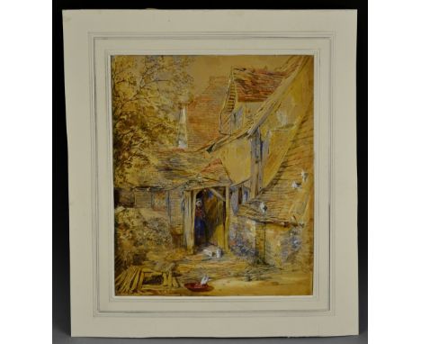 E M WimperisLady at the Cottage Doorinitialled, watercolour, 31cm x 26cm, verso with a young girl at harvest