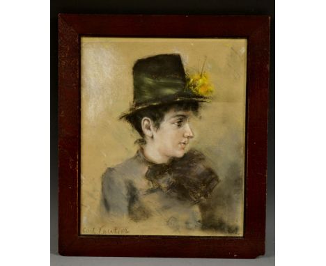 Carl Vautier (Swiss, b.1860)Portrait of a Lady, wearing a tall hat with green band and yellow flowerheadssigned, pastel, 33.5