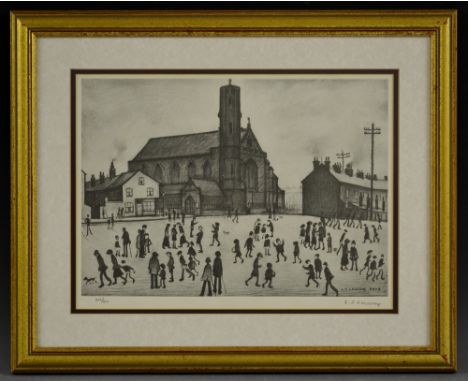 Laurence Stephen Lowry, by and after, St.Mary's, Beswick, monochrome print,  signed in pencil,   limited edition of 416/500, 