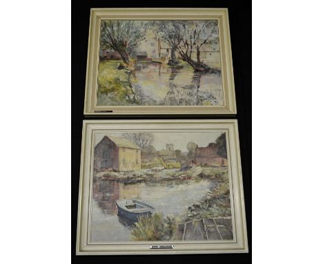 S BarkerA pair, Hickling Basin and Lowdham Mill, Norfolksigned, dated 1974, oil on hardboard, 39.5cm x 49cm