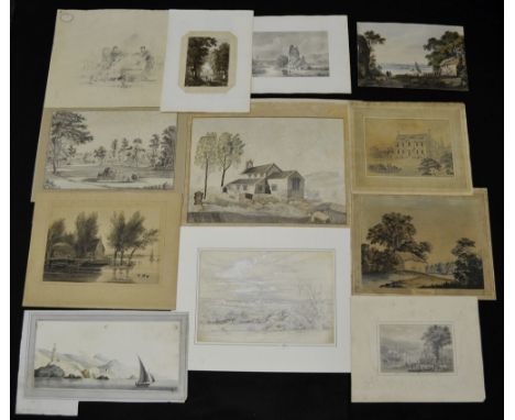 A folio of early 19th century watercolours, various subjects, landscape, seascape, buildings, etc (12)