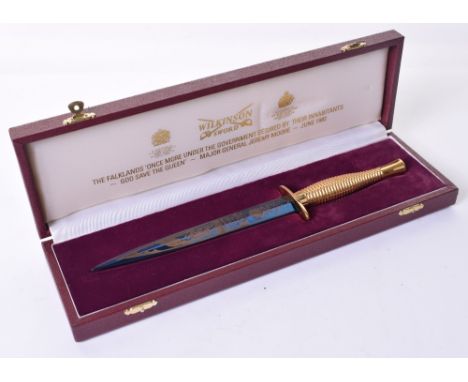 Wilkinson Sword Victory In The Falklands Commemorative Fairbairn Sykes (F.S.) Commando Knife, blue and gilt etched double sid