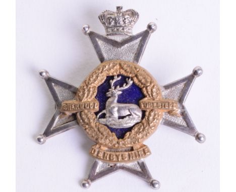 Victorian Derbyshire Regiment Officers Cap Badge, silver gilt and enamel example with pin back fitting to the reverse. Good c