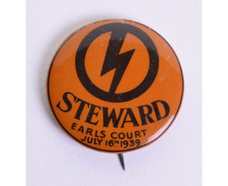 British Union of Fascists (B.U.F) Earls Court Rally 1939 Stewards Badge, brown celluloid tin button style badge with black pr