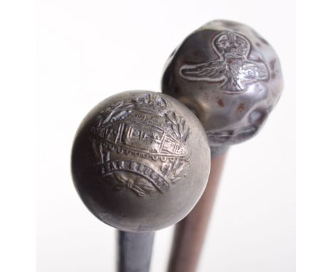 Royal Tank Regiment Swagger Stick, white metal ball top type with regimental badge to the centre. Complete with the black pai