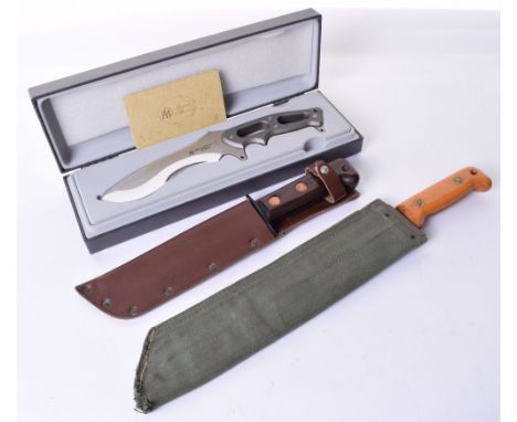 British Army Jungle Survival Knife with wooden handle having contract number, broad arrow stamp and date 84 (1984). Housed in