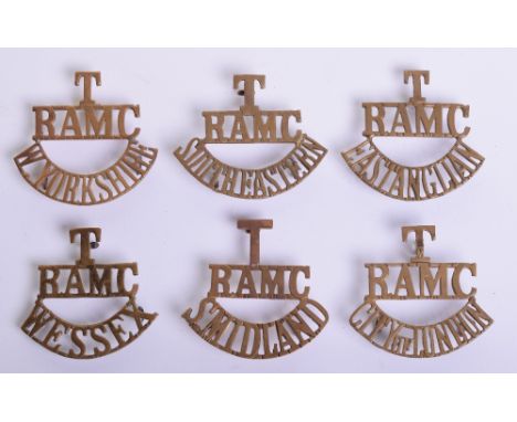 Six Royal Army Medical Corps Territorial Shoulder Titles, all in brass, consisting of T/RAMC/W.YORKSHIRE, T/RAMC/EASTANGLIAN,