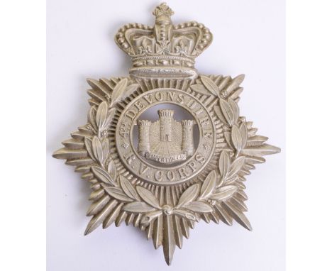 Victorian 4th Devonshire Rifle Volunteer Corps Helmet Plate, white metal eight pointed star surmounted by Victorian crown, la