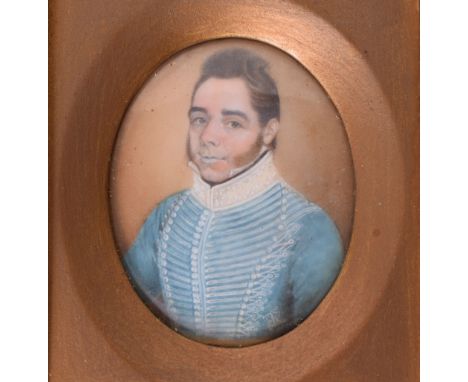 19th Century Madras Cavalry Portrait Miniature, fine quality portrait of an officer of the Madras cavalry, wearing sky blue h