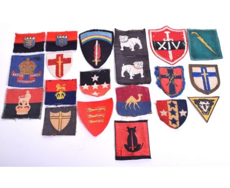 Selection of Cloth Formation Signs consisting of printed 79th Armoured Division, embroidered 2nd army on khaki backing shield