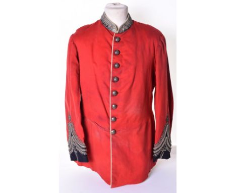 Victorian Brighton Volunteer Rifles Officers Tunic, of scarlet cloth with white piped front and blue collar decorated with si