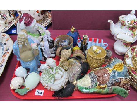 A Victorian Tobacco Box, as a ceramic old gentleman smoking a pipe, a ceramic Japanese figure, a pottery wall plaque, plus ot