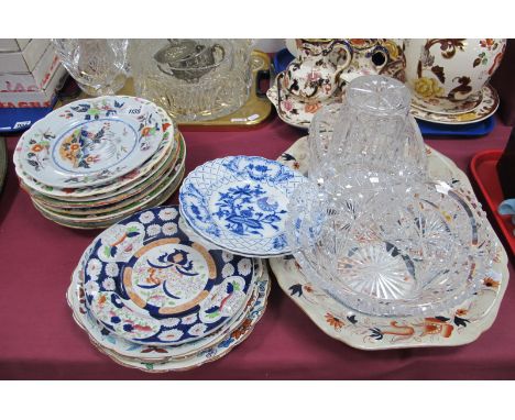 Ashworth, Spode, Cauldon, Booth's and Other Plates, ironstone meat plate, cut glass bowls and vase.