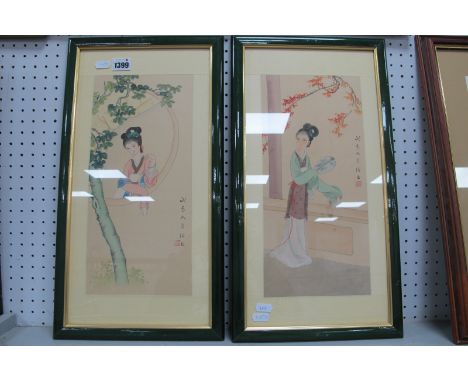 Oriental: Pair of Chinese Watercolours, each featuring maiden, one holding fan the other by window, six character mark and re