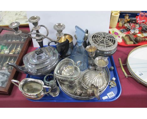 Silver Two Handled Trophy, plated candelabra, teapot, tankard, blue glass decanter, etc:- One Tray