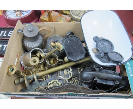 Scales and Weights, Aiea Telephone, horse brasses, 1920's brass door handle, Ashberry teapot, other metalware:- One Box