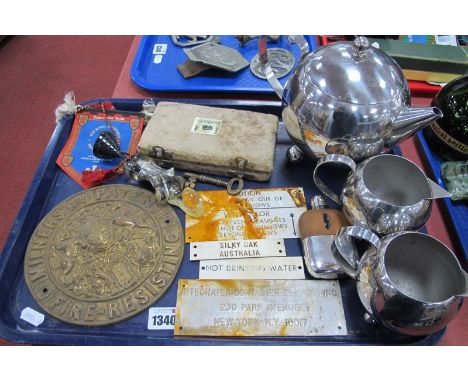 Scales and Weights, tea service, door signs, Dixon's hip flask, safe plaque, etc:- One Tray