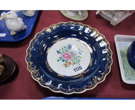 First Period Worcester Circular Dish, with wavy rim, handpainted floral centre, deep blue and gilt border, blue crescent mark