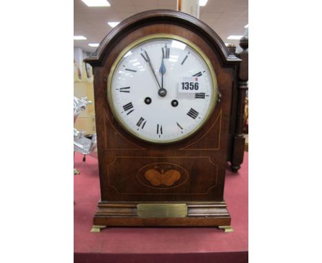 Edwardian Inlaid Mahogany Dome Cased Bracket Clock, having eight day movement by Japy Freres, brass carry handle to top, 24cm