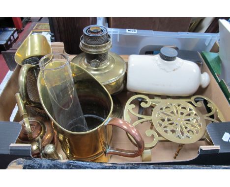 XIX Century Brass Trivet, with a pierced top, brass oil lamp, brass jug, XIX Century pottery bed warmer, etc:- One Box