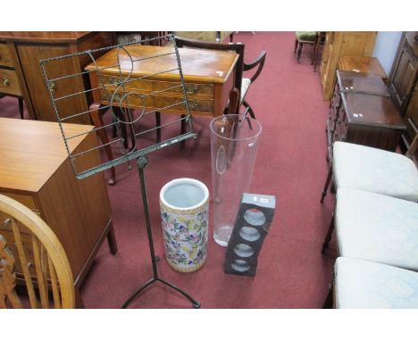 Green Painted Metal Music Stand, Chinese Cylindrical Stick Stand, glass tall vase, mineral sculpture. (4)