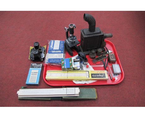 Early XX Century Magic Lantern and Three Slides, child's microscope, Viewmaster, Sharp calculator, P.I.C. and Aristo slide ru