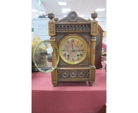 Early XX Century Oak Cased Mantel Clock, eight day movement, stamped Lenzkirch to back plate, 35cm high, woodworm holes noted