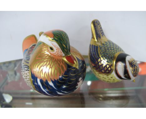 Royal Crown Derby Paperweights 'Blue Tit' and 'Mandarin Duck', both gold stoppers, first quality. (2)