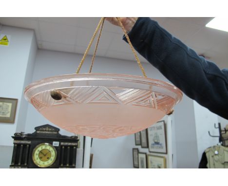 Art Deco Pink Glass Shallow Circular Ceiling Light Shade, with floral centre and geometric outer band, 35cm diameter.